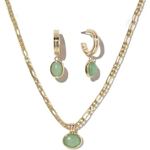 Green aventurine jewelry set gold necklace hoop earrings bracelet jade gift - Picture 7 of 7